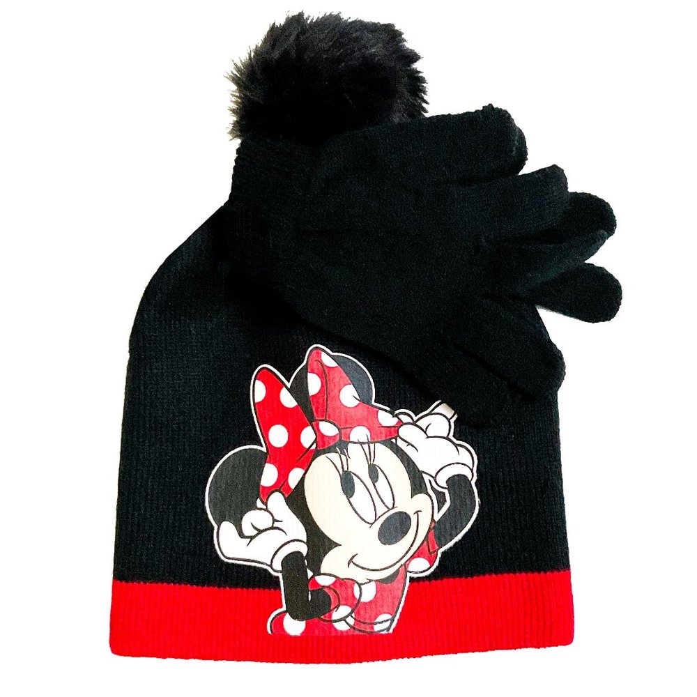 Disney Minnie Mouse Hat Gloves Set Girls Winter Knit Beanie Kids Red Black